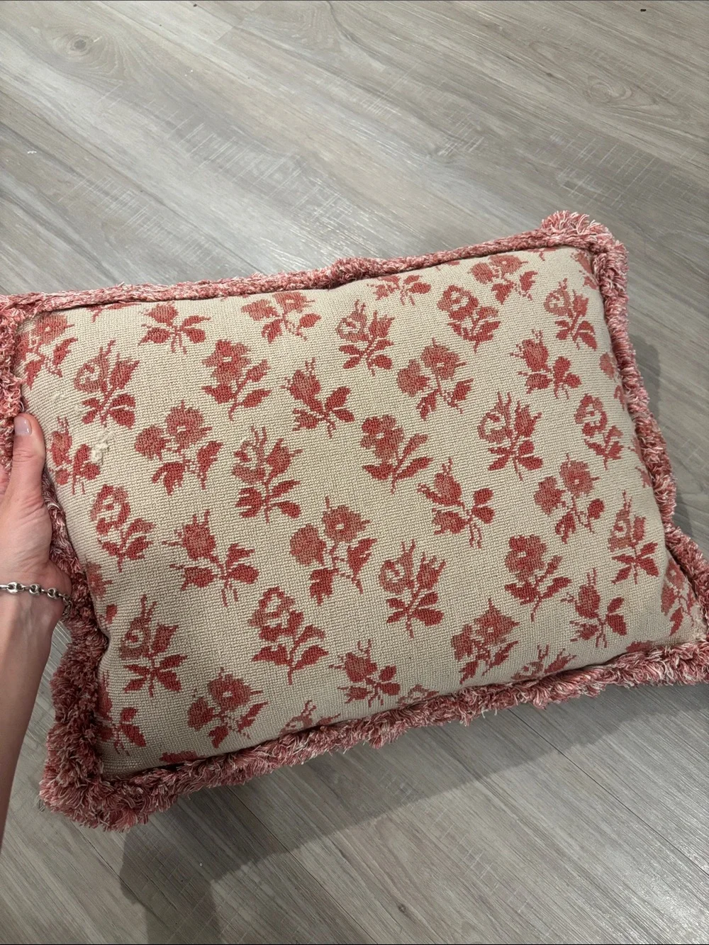 French floral throw pillow with fringe trim